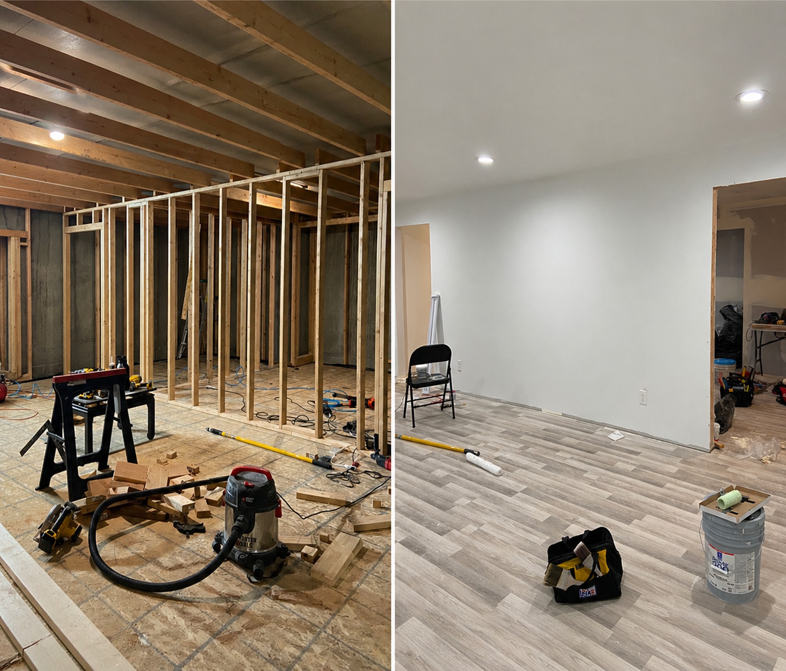 Basement during framing work and after finishing
