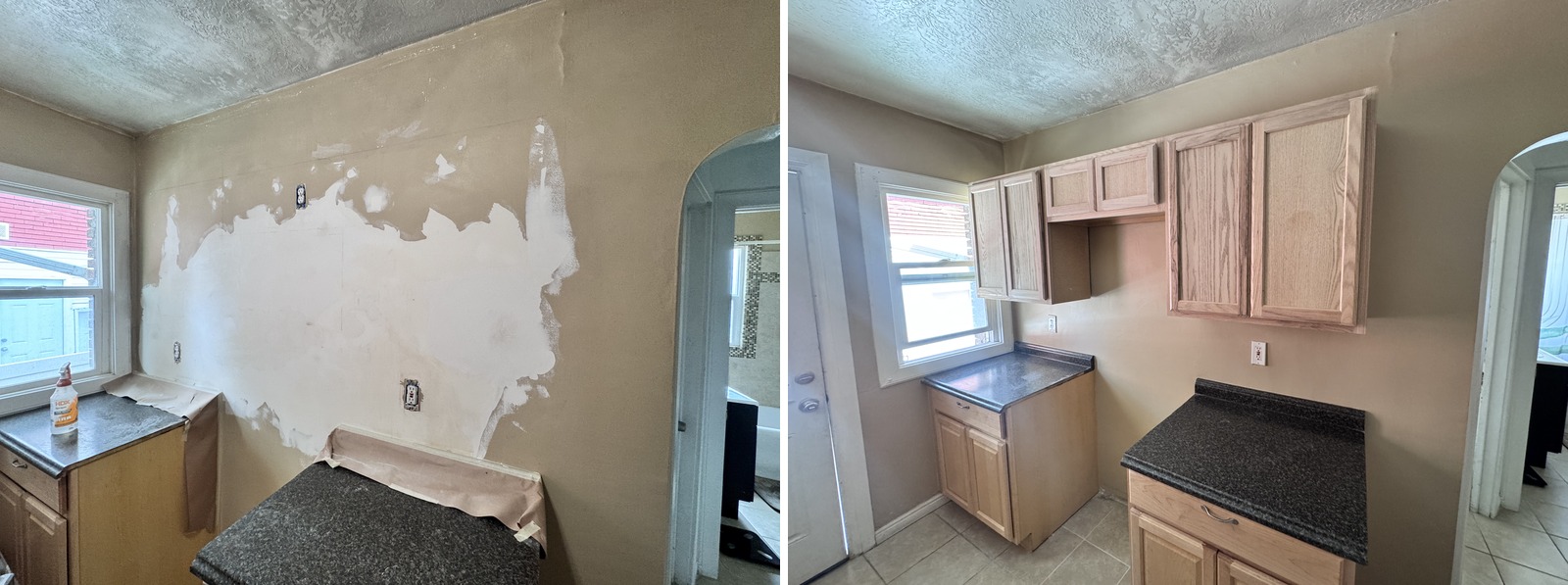 Kitchen wall before and after cabinet installation