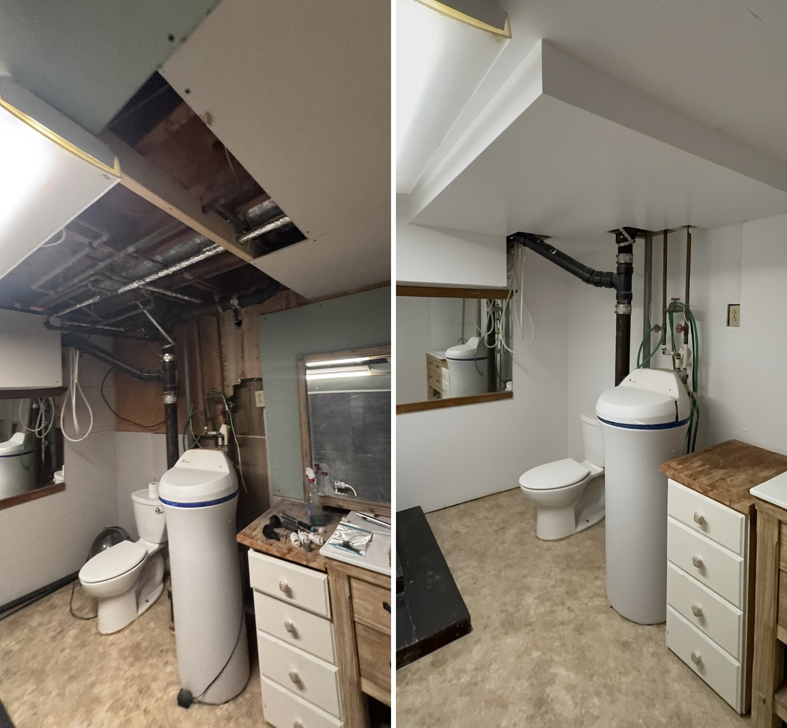 Basement before and after pipes were covered with a dropped ceiling and the walls were drywalled and painted