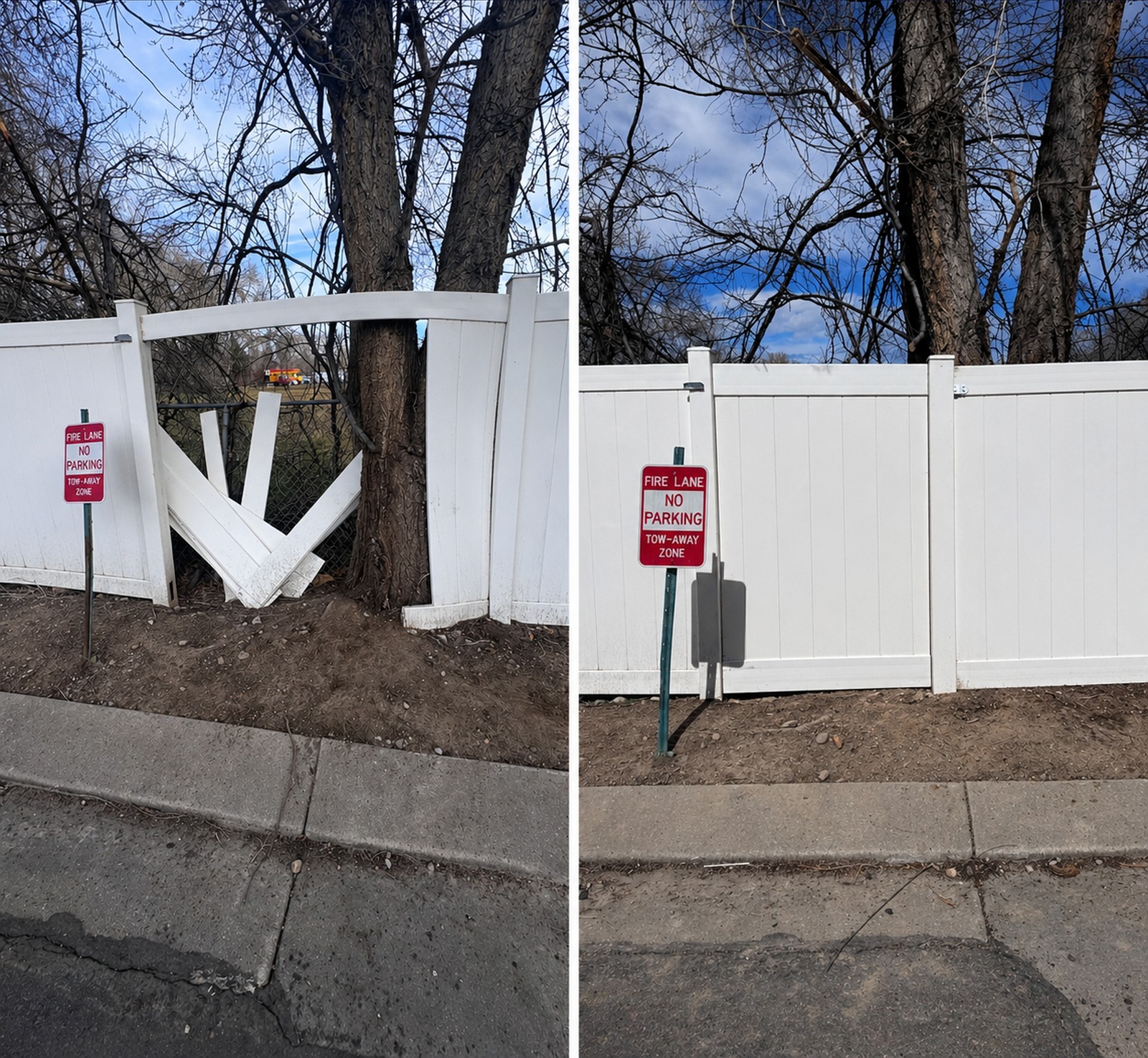 Damaged fence before and repaired fence after