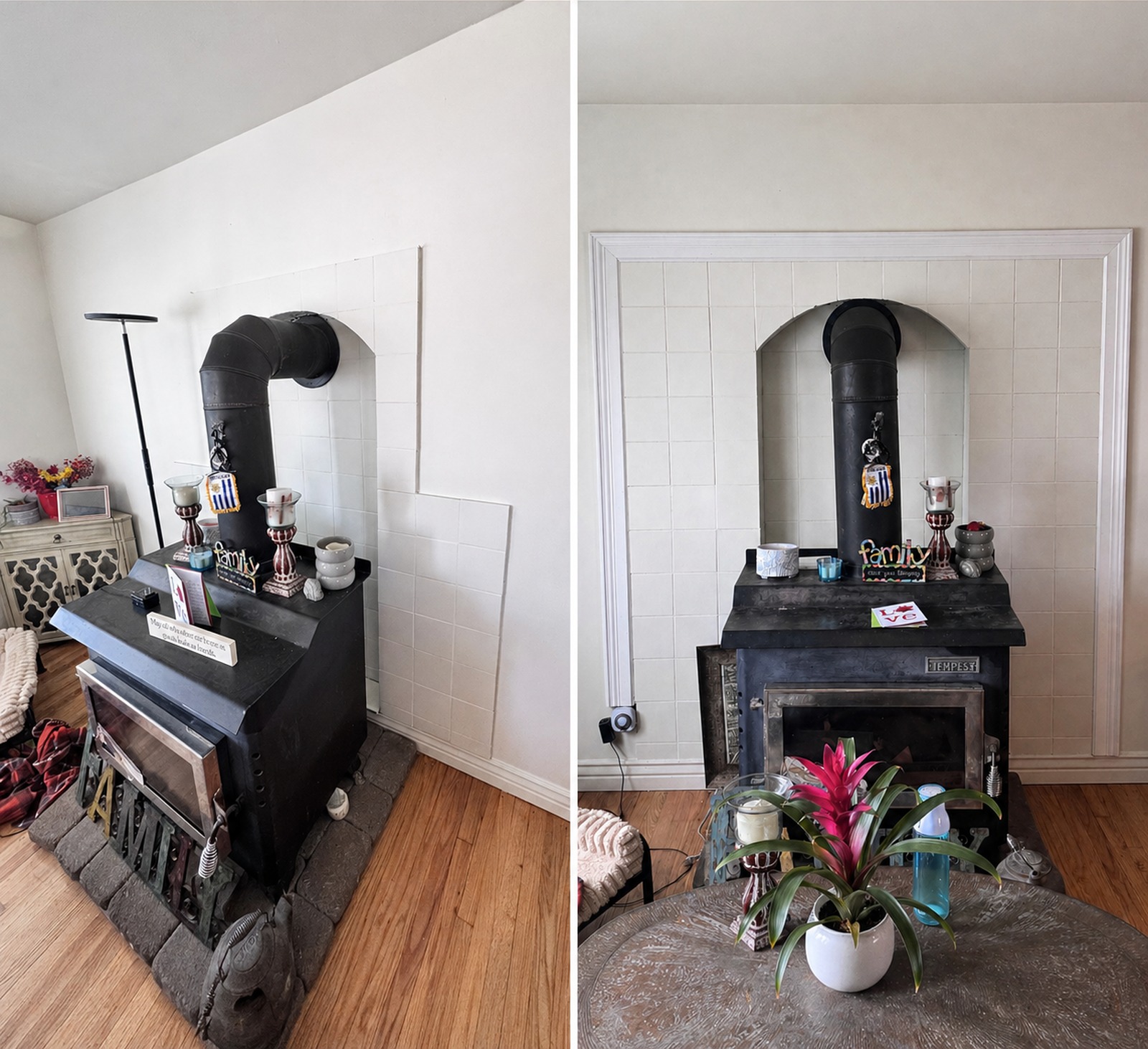 Fireplace wall before and after carpentry and trimwork