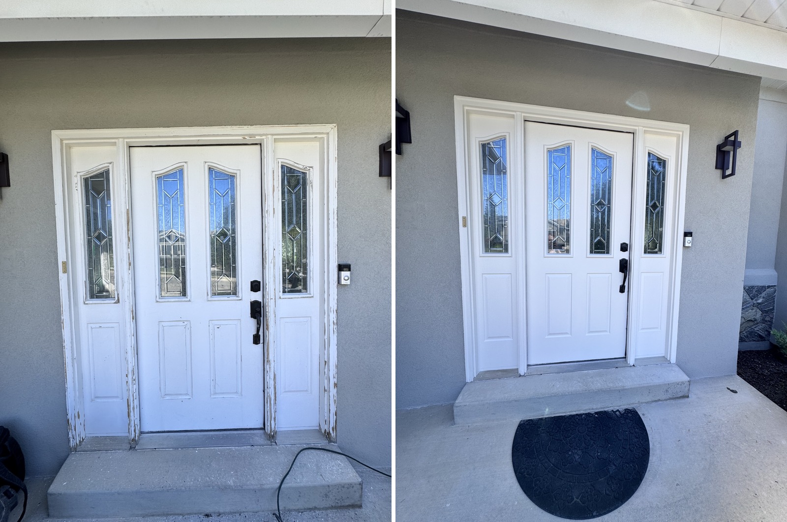 Weathered wooden door before and after flaking paint removal and repainting