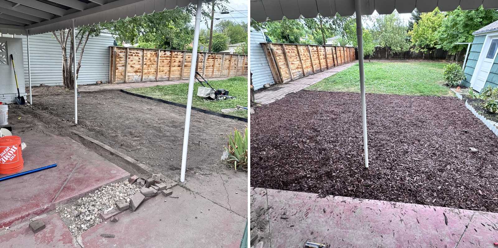 Yard before and after dead grass removal, regrading, and mulch installation