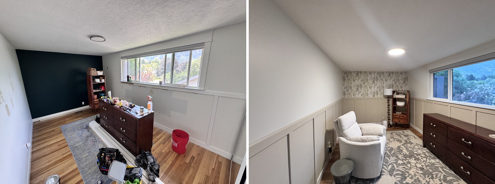 Room before and after newborn room wallpaper, trimwork, and painting