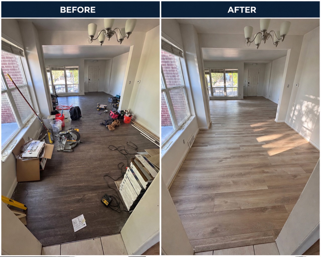 Before and after flooring installation in a living area